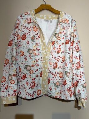 LOGO by Lori Goldstein White Floral Print Jacket with Red & Tan Accents